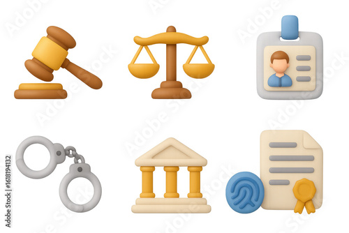 Colorful 3d law icons set featuring gavel, scales, and legal documents