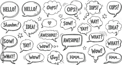 Create a kinds of deferent Set of hand-drawn speech bubbles. Speech balloon, frames, stylish, handwritten, doodle vector art with white background.