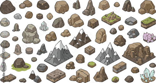 Create a kinds of Stones and rocks in isometric flat style. Big set cartoon. For mountains, geology, mineral concepts. vector art with white background.