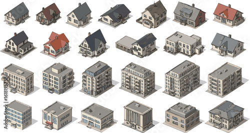 Create a Houses and Buildings top view. Isolated elements for design of cities plans. Objects to the map view from above. vector art with white background.