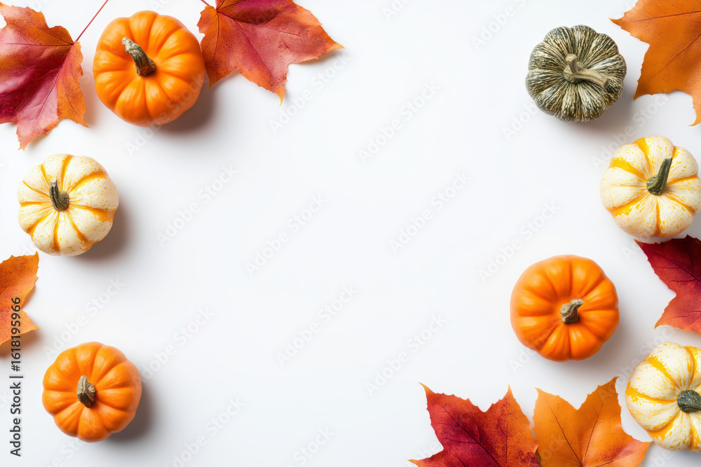 Obraz premium Colorful autumn decorations with pumpkins and vibrant leaves arranged for seasonal celebration