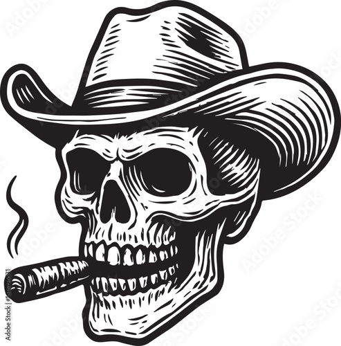 Skull smoking cigar wearing cowboy hat hand drawn vector illustration