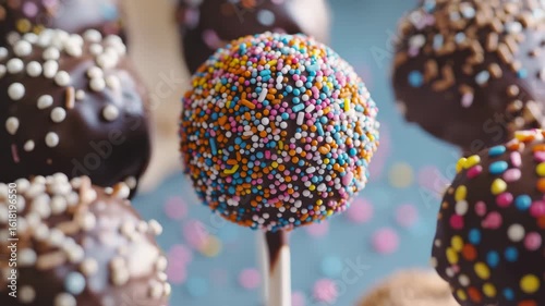 A close up of several chocolate cake pops decorated with colorful sprinkles on wooden sticks