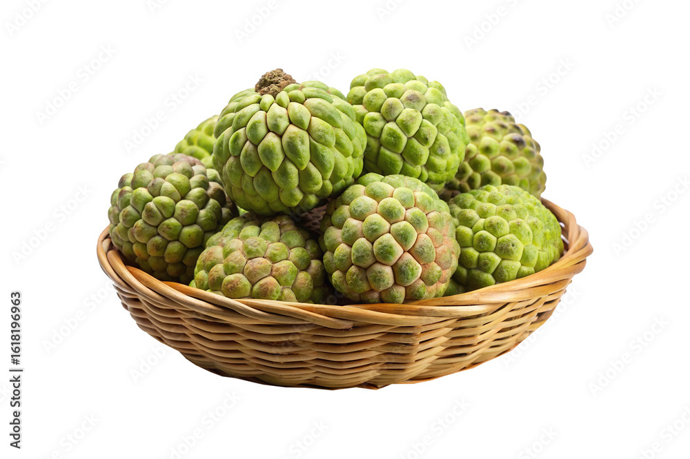 Fototapeta premium Custard apples in a wicker basket, a tropical fruit arrangement