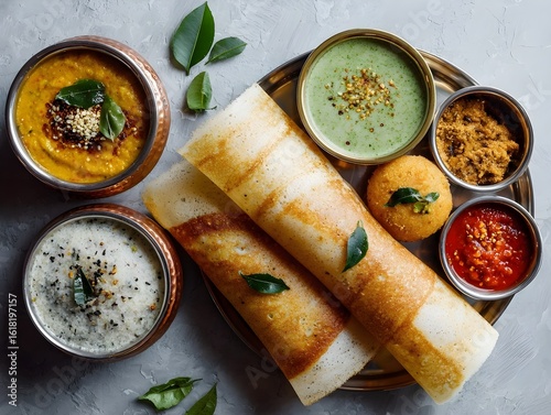 Top View of Traditional Indian Food Thali with Curries, Bread, and Sides — Authentic Indian Cuisine Flat Lay