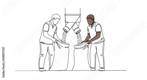 Two men harvesting grains from silo, preparing produce. Harvesting grains involves pouring grains in sacks. Harvesting grains to sell at market.