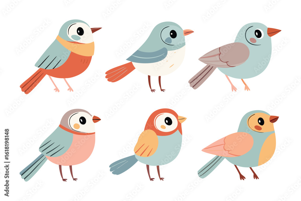 Fototapeta premium Colorful Birds in Vector: A collection of charming cartoon birds, each with unique plumage and a cheerful expression, are presented in a vibrant and inviting illustration.