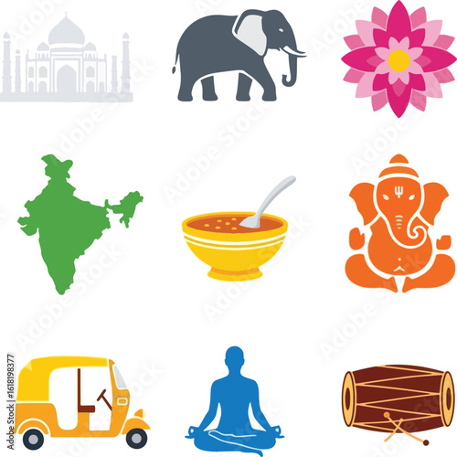 Vibrant Indian cultural icons featuring Taj Mahal, elephant, Ganesha, and yoga