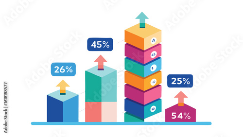 3D bar chart with stacked blocks showing growth percentages and data vector illustration