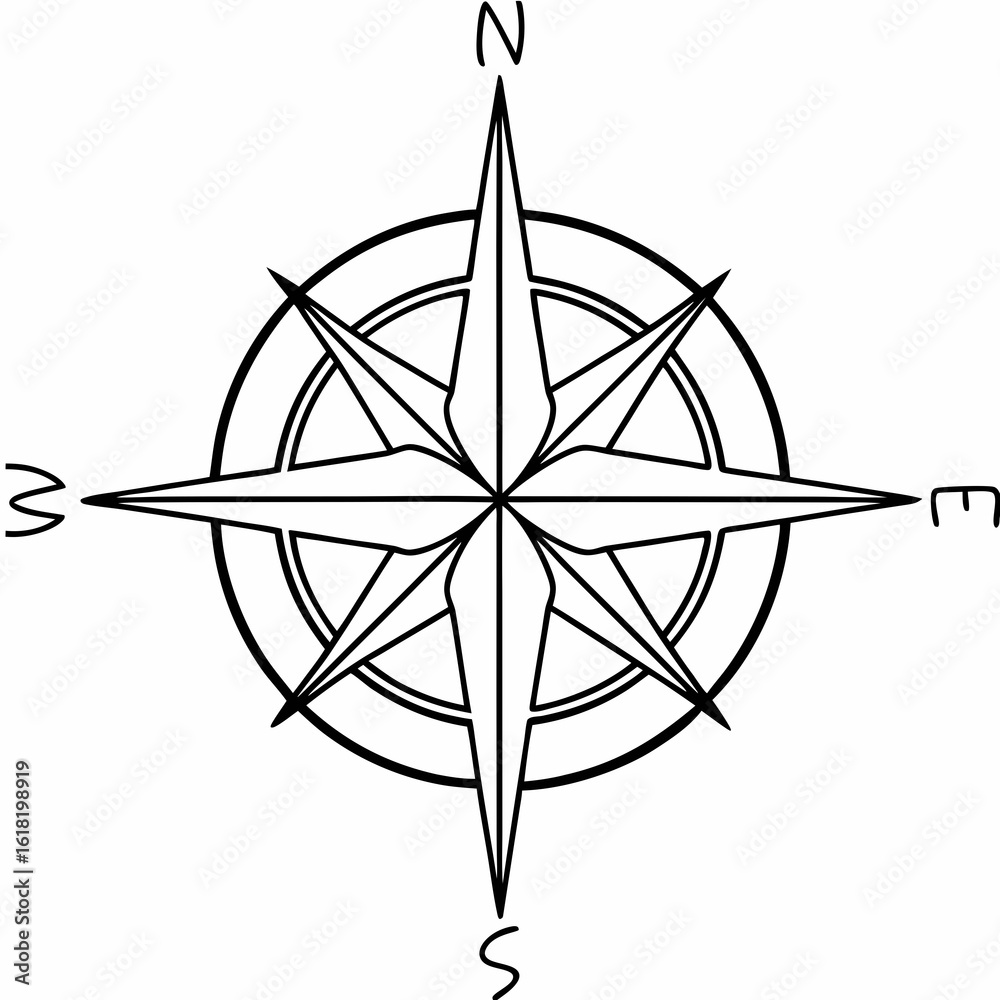 Fototapeta premium Black and white compass rose with directional letters N S E W on white background navigation north