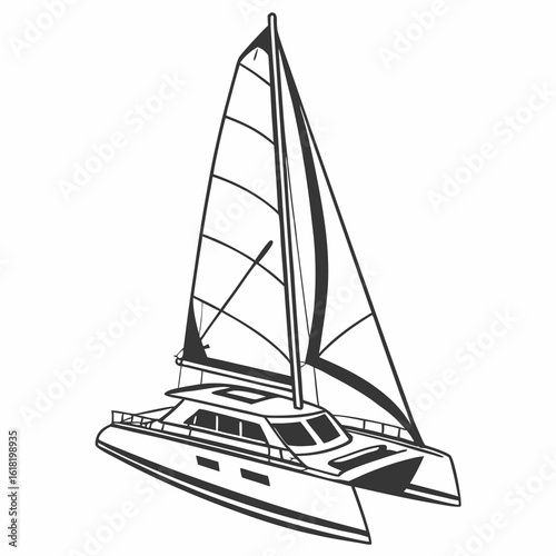Black and white illustration of a sailing catamaran with full sails on a white background sailboat boat