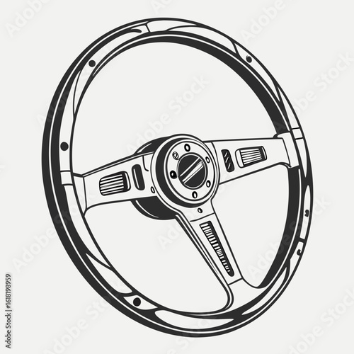 Black and white illustration of a vintage car steering wheel with chrome accents on a light gray background