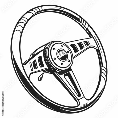 Black and white illustration of a vintage steering wheel on a white background helm automobile