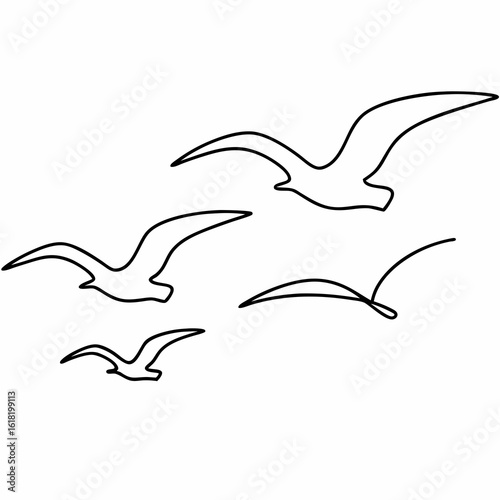Black line art flock of seagulls flying on white background bird flight