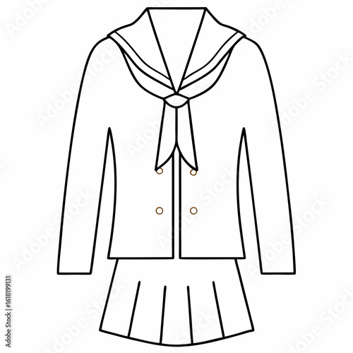 Black and white outline of a sailor uniform with pleated skirt and tie on white background school uniform