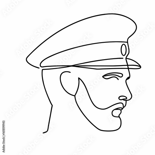 Black line art of a man wearing a captain's hat in profile against a white background captain hat head