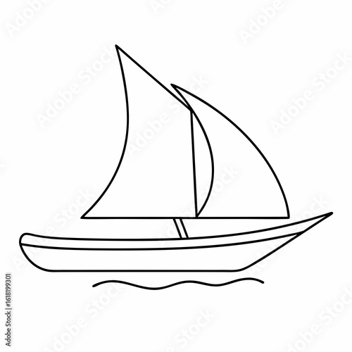 Black outline of a sailboat with two sails on a white background sailing water