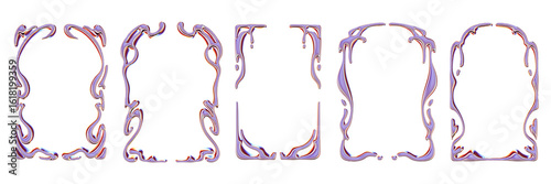 3D liquid chrome frame set, futuristic gothic metal y2k border, organic empty banner aesthetic kit. Melted silver shapes, holographic droplet symmetric ornament, neon cosmic fluid metal. Chrome frame