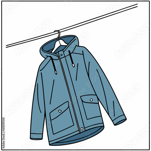 Blue hooded jacket with pockets hanging on a clothesline vector