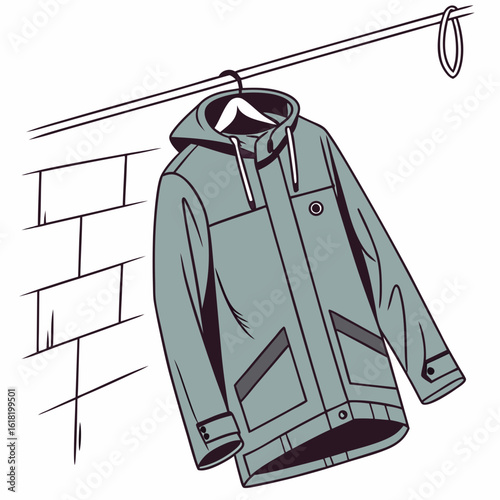 Grey hooded jacket with pockets hanging on a clothesline with brick wall detail vector