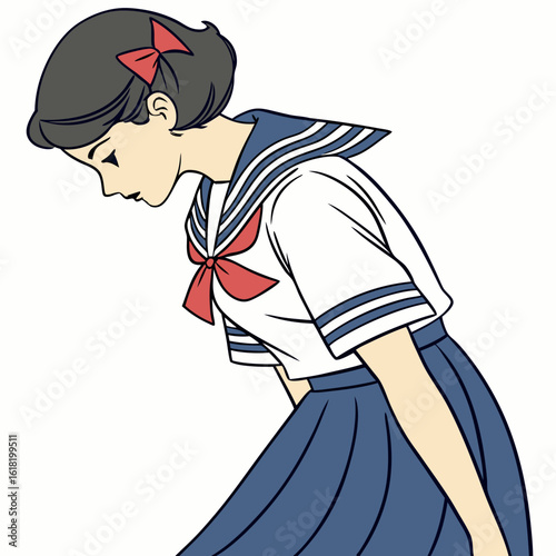 Japanese schoolgirl in sailor uniform bowing on white background greeting respect