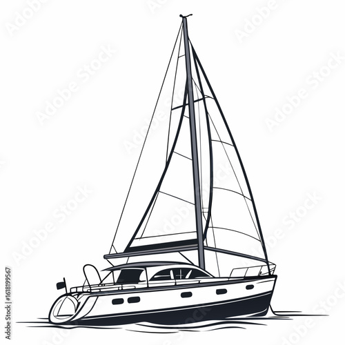 Monochrome illustration of a sailing yacht with full sails on water boat