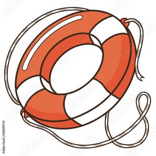 Orange and white life buoy with rope on white background life preserver safety ring
