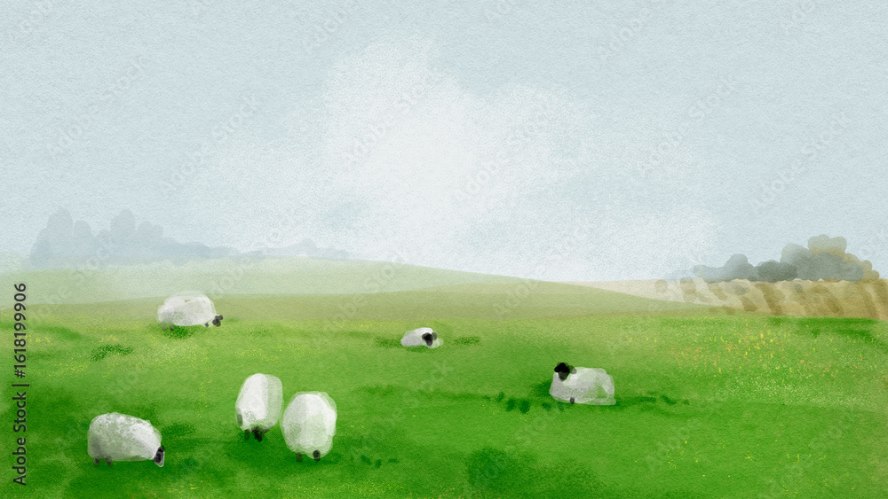 Fototapeta premium Farm landscape desktop wallpaper, watercolor HD background