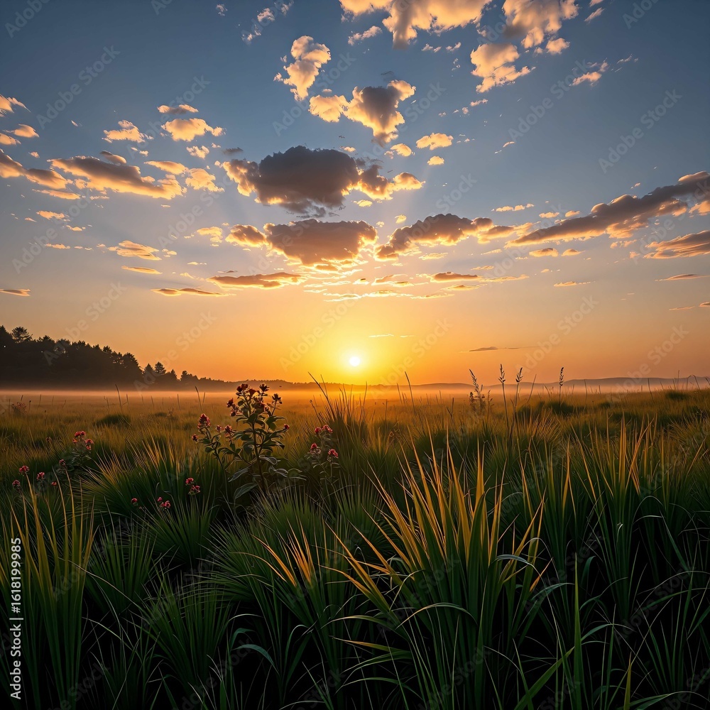Obraz premium A sunrise over a dew-covered meadow.
