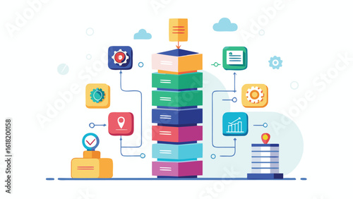 Business process flowchart with stacked blocks and connected icons representing steps and tasks workflow