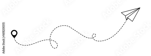 Paper airplane, path travel route with start point and dash line trace for plan vector illustration	