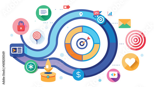 Business strategy infographic with a circular path, targets, icons for communication, finance, and social media