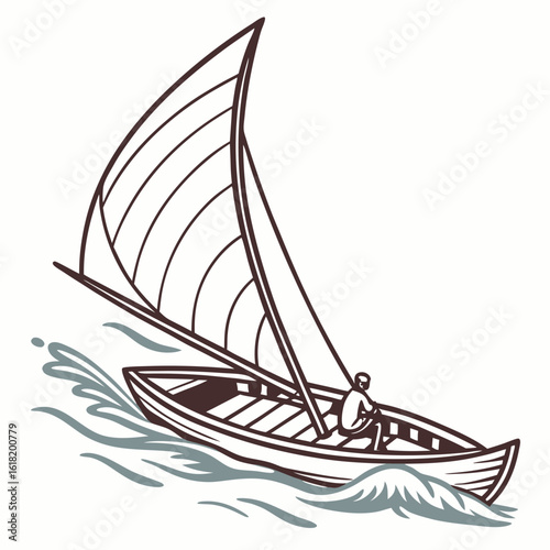 Single person sailing a canoe with a large sail through blue waves boat water