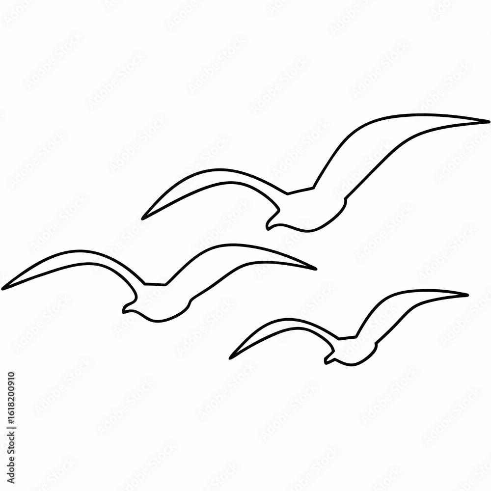 Naklejka premium Three black outlined seagulls flying in formation on a white background bird flight