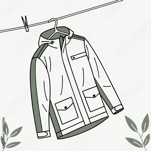 White hooded jacket with green accents hanging on a clothesline with a clothespin clothing outerwear