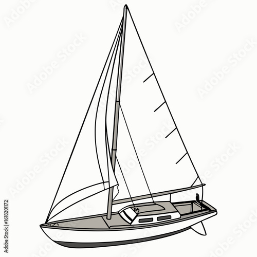 White sailboat with grey accents and white sails on a white background sailing watercraft