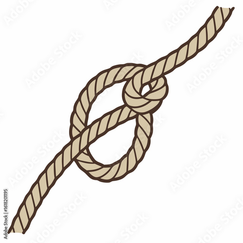 A single beige rope tied in a knot with a brown outline on a white background sailing nautical