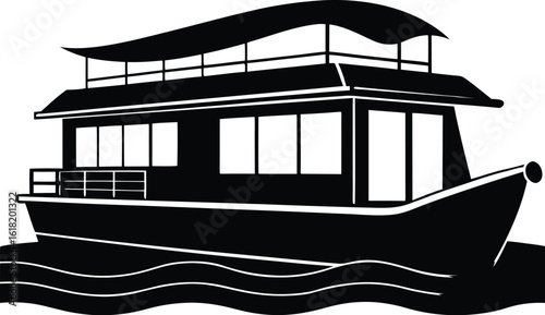 Houseboat  silhouette, minimal boat sketch, watercraft line art, floating home silhouette, single stroke illustration