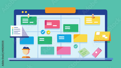 Colorful digital Kanban board or project management tool with tasks and progress markers planning