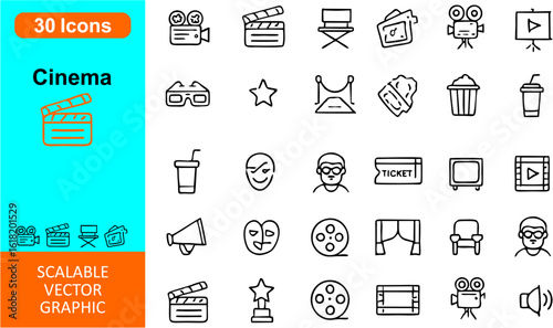 Cinema Vector Icon Set – Flat and Line Icons of Movie Tickets, Film Reels, Popcorn, Clapperboard, Projector, 3D Glasses, Camera, Director, and Entertainment Elements

