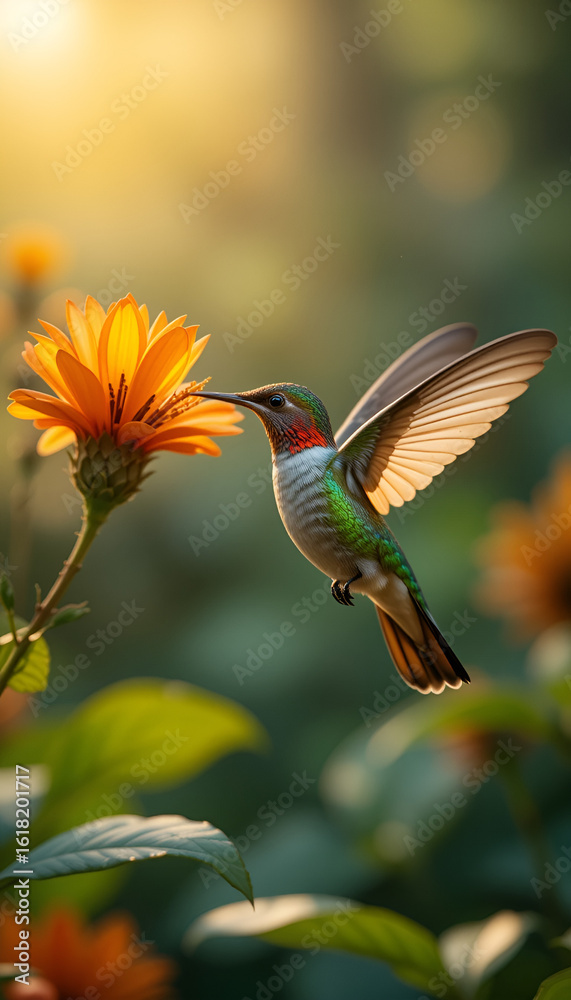 Fototapeta premium hummingbird in flight with flowers