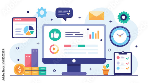 Digital analytics dashboard with computer screen charts graphs and icons vector illustration