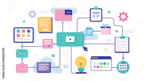 Digital workflow and project management concept with interconnected tasks and icons vector illustration