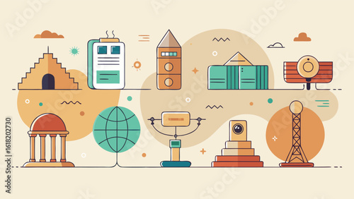 Diverse Architecture and Technology Infographic with Globes and Towers science education