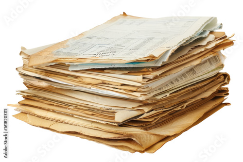 Stack of aged documents showing signs of wear, collected over time, ideal for research or historical study in a home or office setting