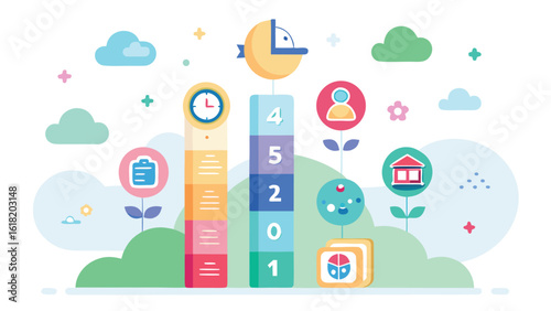 Educational progress infographic with numbered blocks clock and learning icons vector illustration
