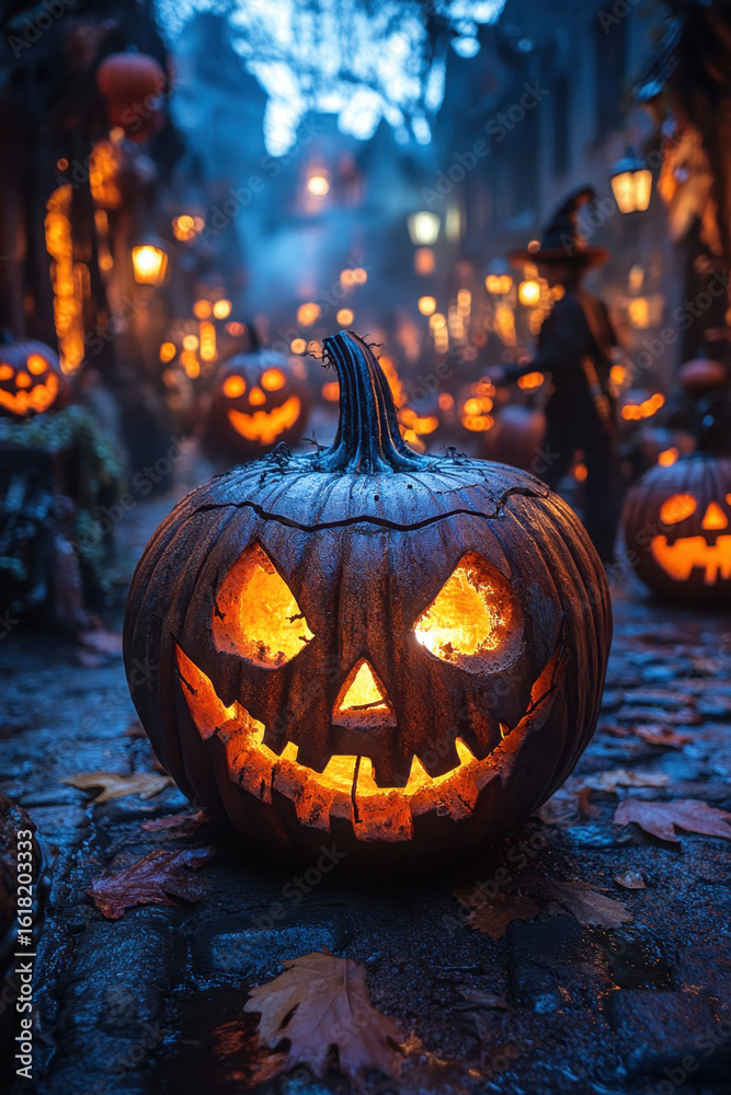 Naklejka premium Halloween pumpkins in the woods.