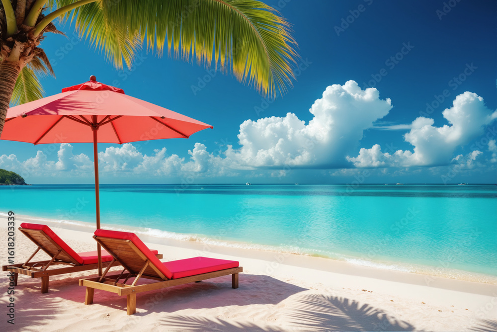 Obraz premium Summer Vacation Sale Banner - Tropical Beach with Palm Trees and Loungers for June Travel Deals and May Holiday Promotions