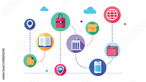 Flat design icons representing travel and business connected by dotted lines on white Keywords: travel, business, icons, flat design, connection, network, communication