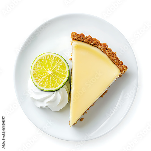 Slice of Key Lime Pie with Whipped Cream and Lime Garnish on a White Plate